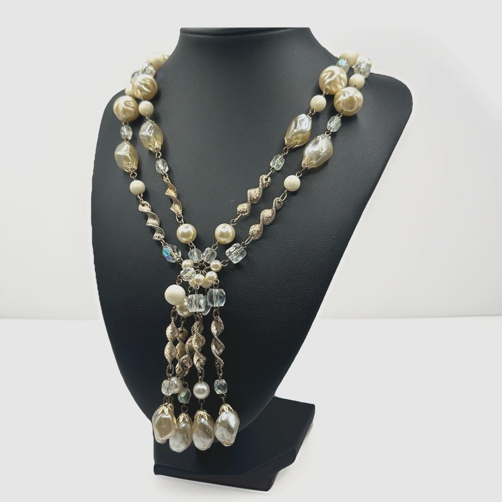 Vintage Japan Double Strand Faux Pearl AB Crystal Y Drop Tassel Necklace 16-18"